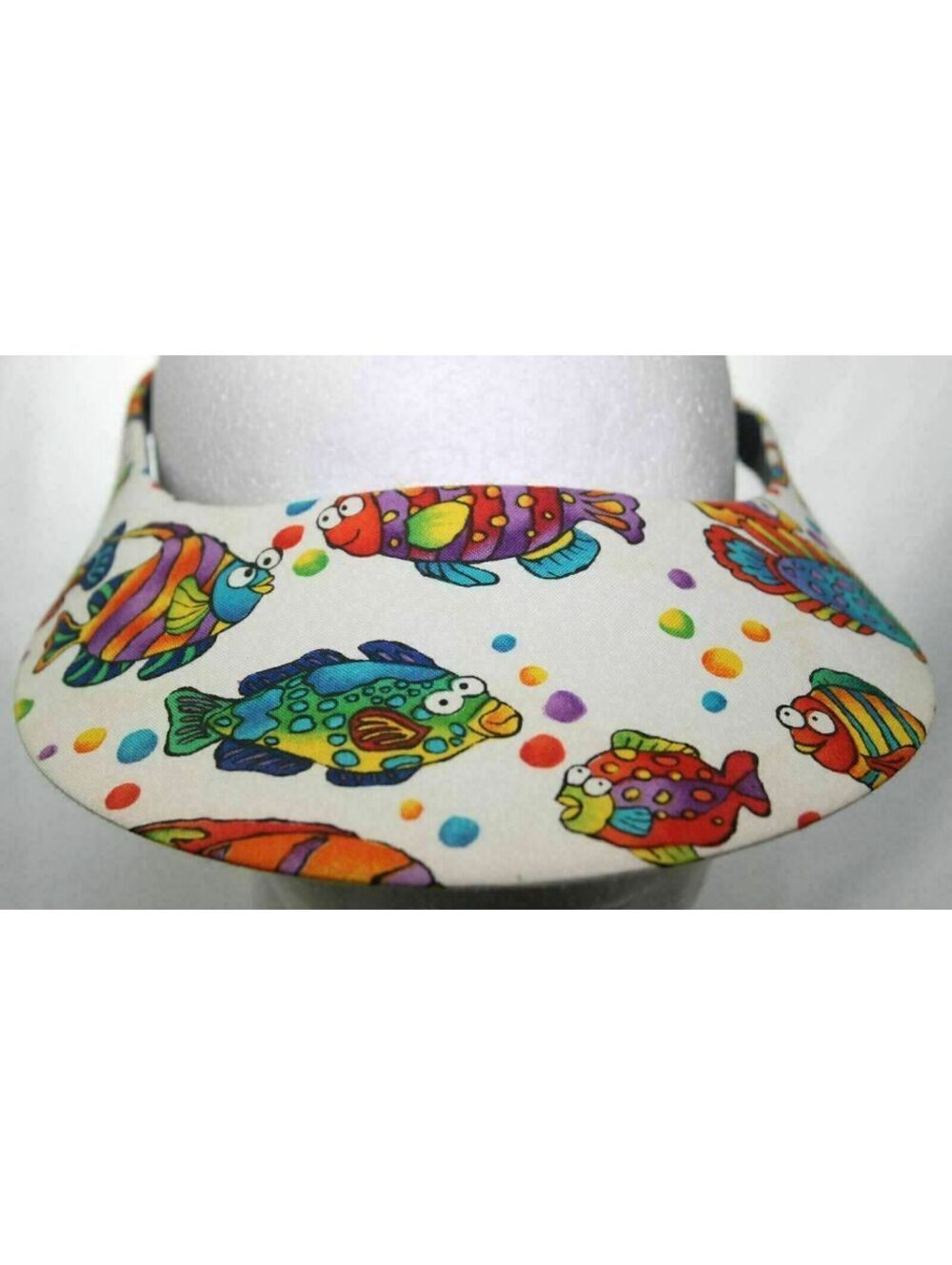 Vintage Silly Colorful Fish Visor Hat Cap White & Black w/ Bright Colors & Dots